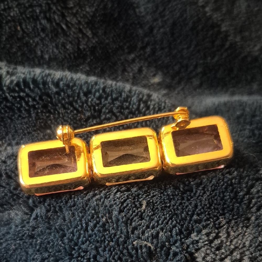 Vintage Three Glass Stone Bar Pink Clear  Brooch - Picture 5 of 5